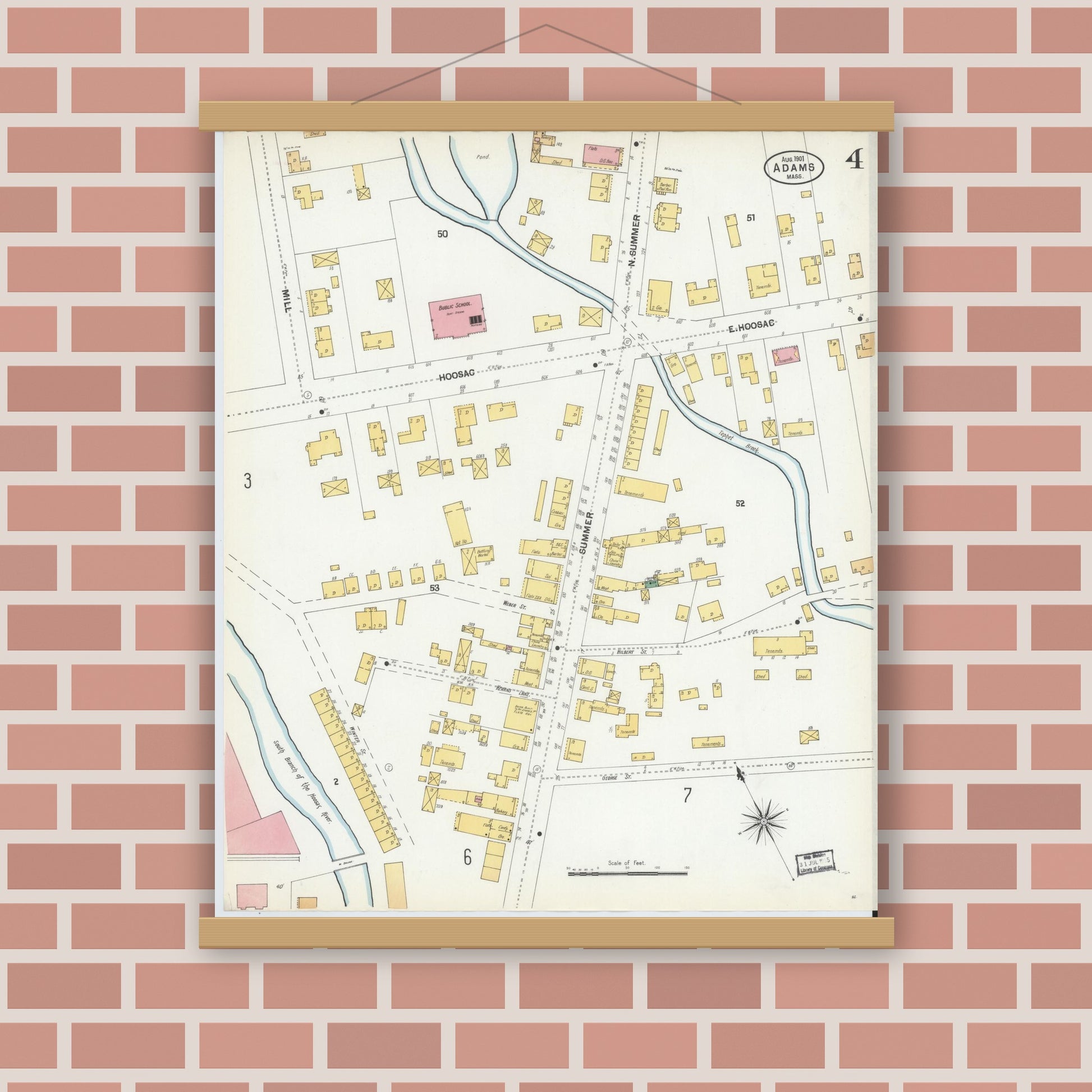 Old map wall art mockup — magnetic wood frame on brick wall — Sanborn Fire Insurance Map from Adams, Berkshire County, Massachusetts (1901), Sheet #0004