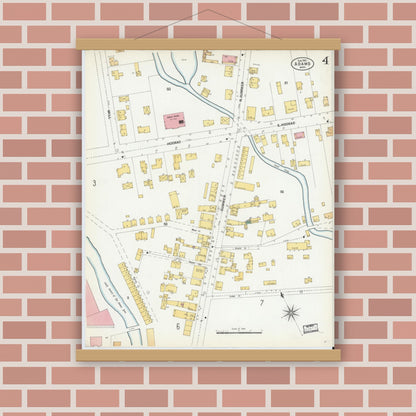 Old map wall art mockup — magnetic wood frame on brick wall — Sanborn Fire Insurance Map from Adams, Berkshire County, Massachusetts (1901), Sheet #0004