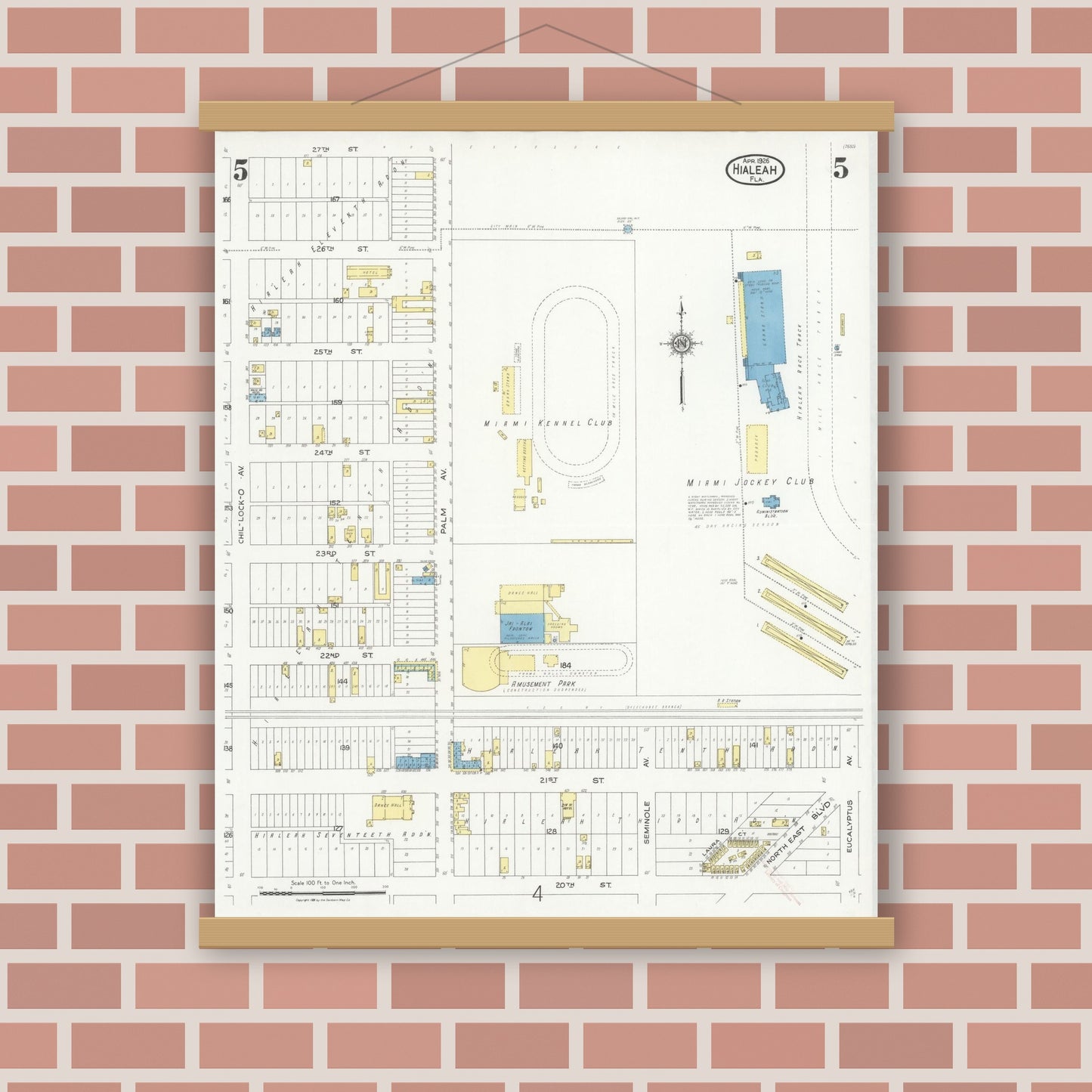 Old map wall art mockup — magnetic wood frame on brick wall — Sanborn Fire Insurance Map from Hialeah, Dade County, Florida (1926), Sheet #0005