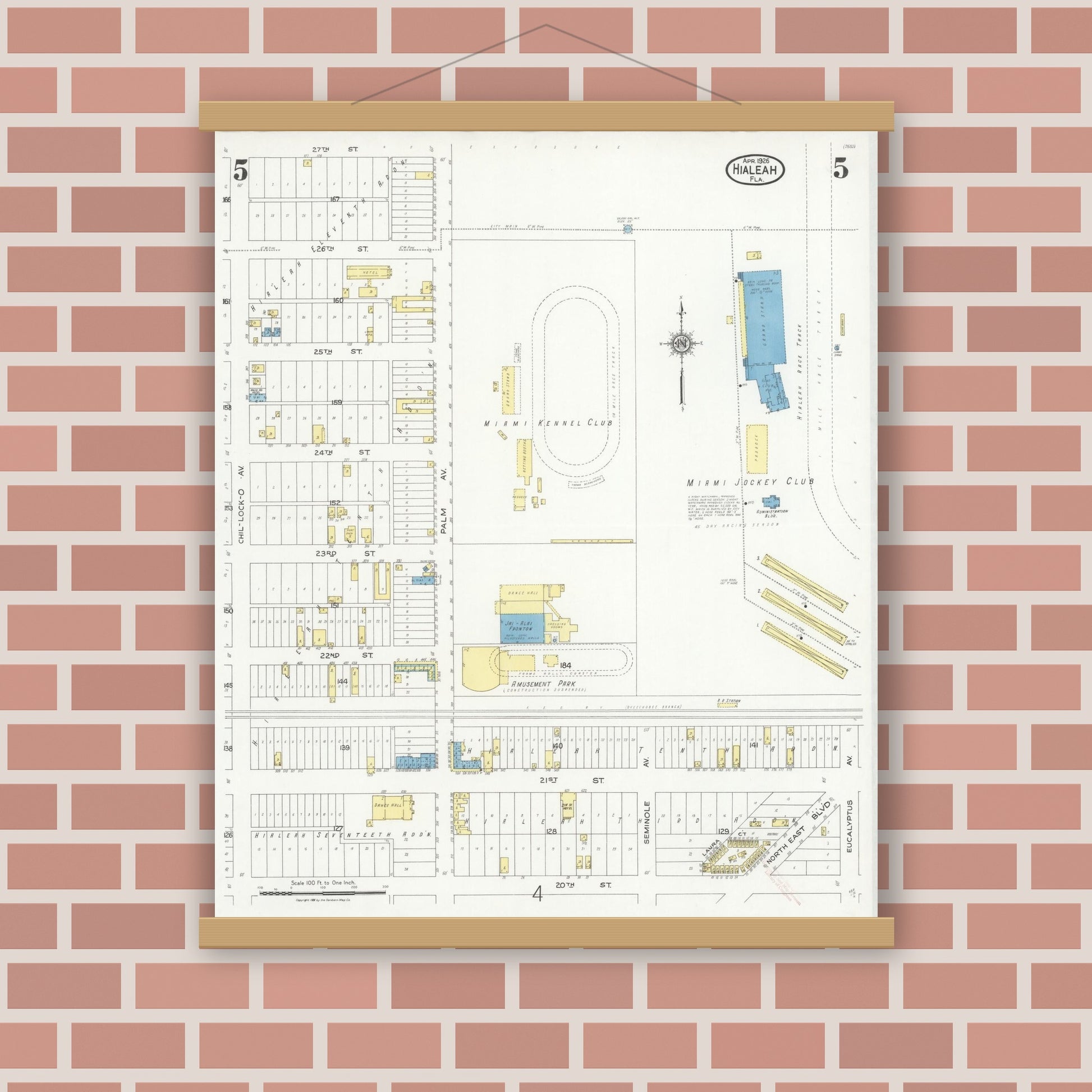 Old map wall art mockup — magnetic wood frame on brick wall — Sanborn Fire Insurance Map from Hialeah, Dade County, Florida (1926), Sheet #0005