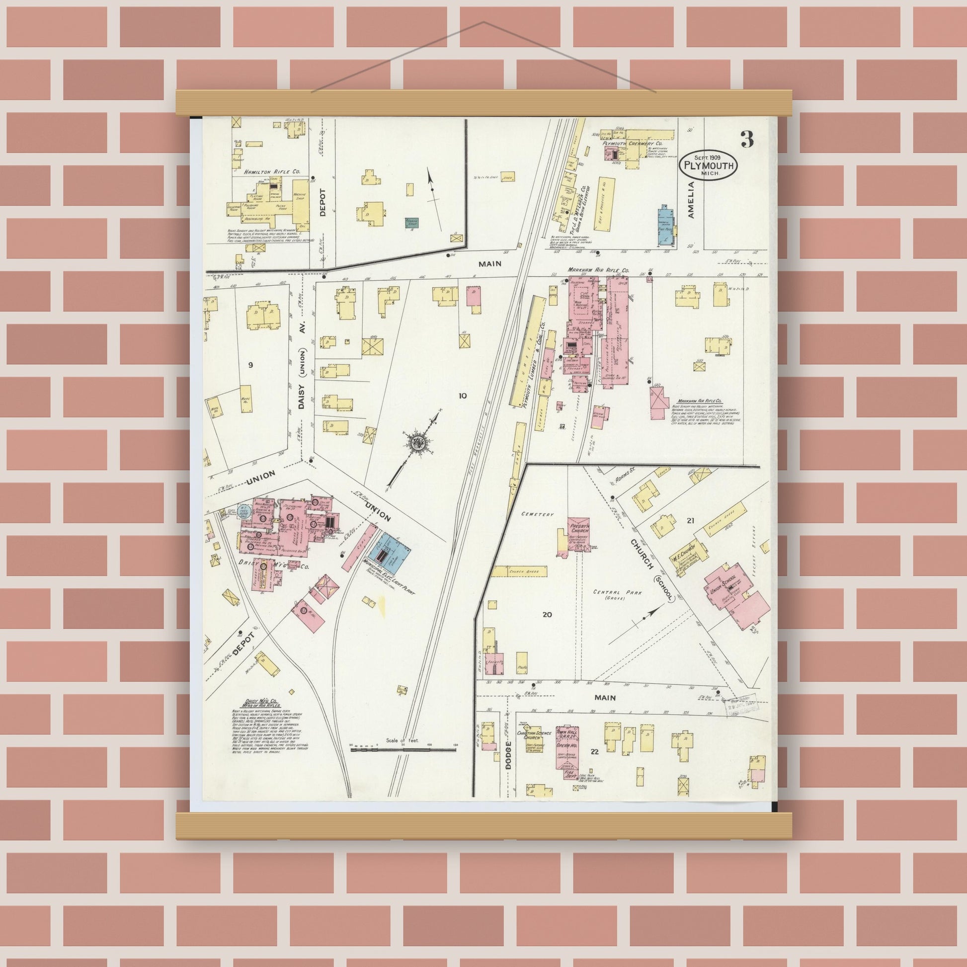 Old map wall art mockup — magnetic wood frame on brick wall — Sanborn Fire Insurance Map from Plymouth, Wayne County, Michigan (1909), Sheet #0003