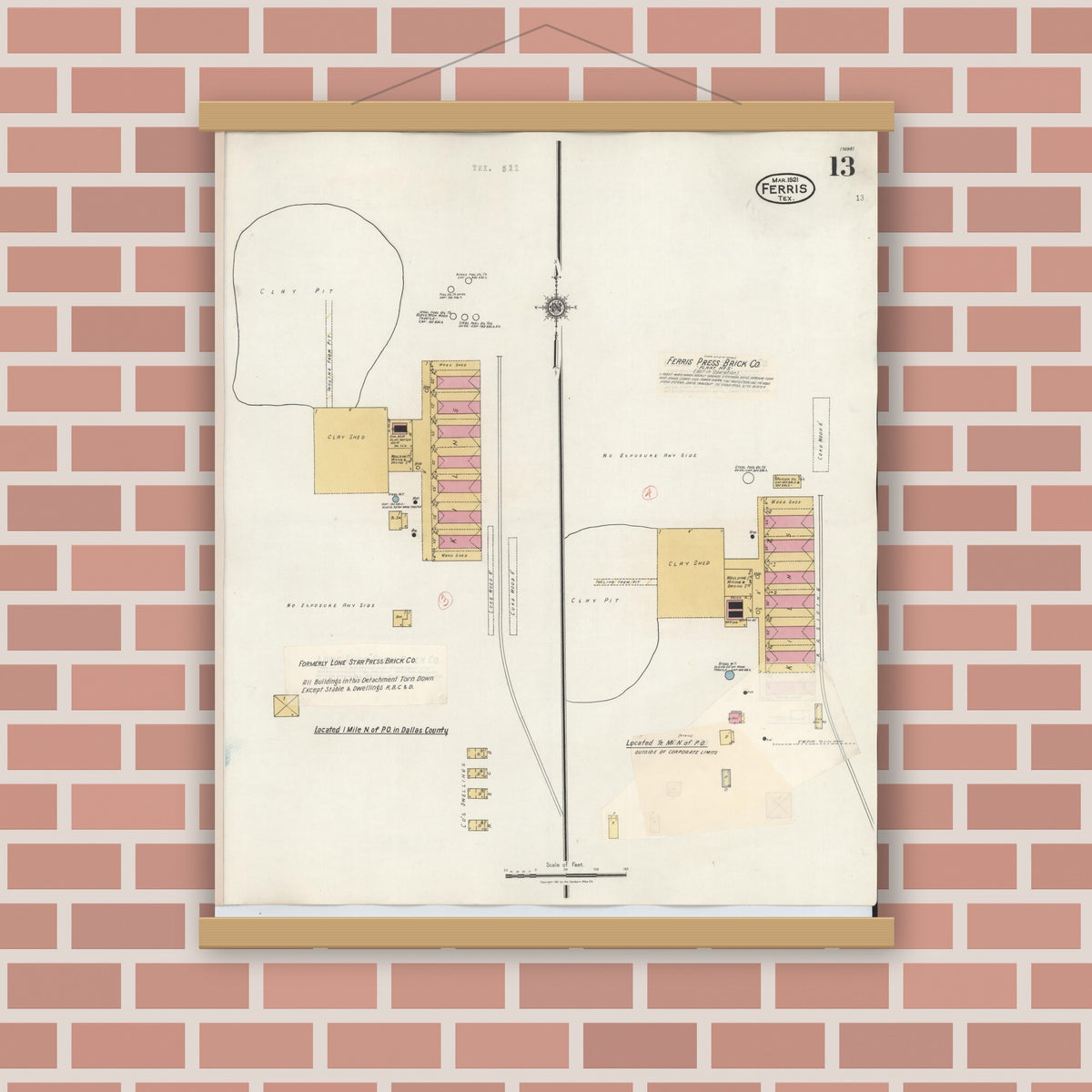 Old map wall art mockup — magnetic wood frame on brick wall — Sanborn Fire Insurance Map from Ferris, Ellis County, Texas (1941), Sheet #0013