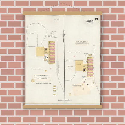 Old map wall art mockup — magnetic wood frame on brick wall — Sanborn Fire Insurance Map from Ferris, Ellis County, Texas (1941), Sheet #0013