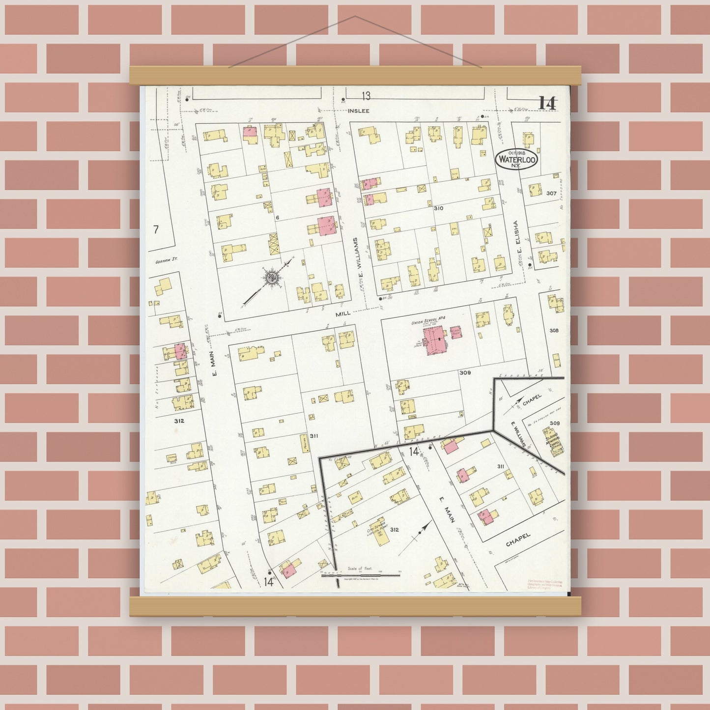Old map wall art mockup — magnetic wood frame on brick wall — Sanborn Fire Insurance Map from Waterloo, Seneca County, New York (1918), Sheet #0014