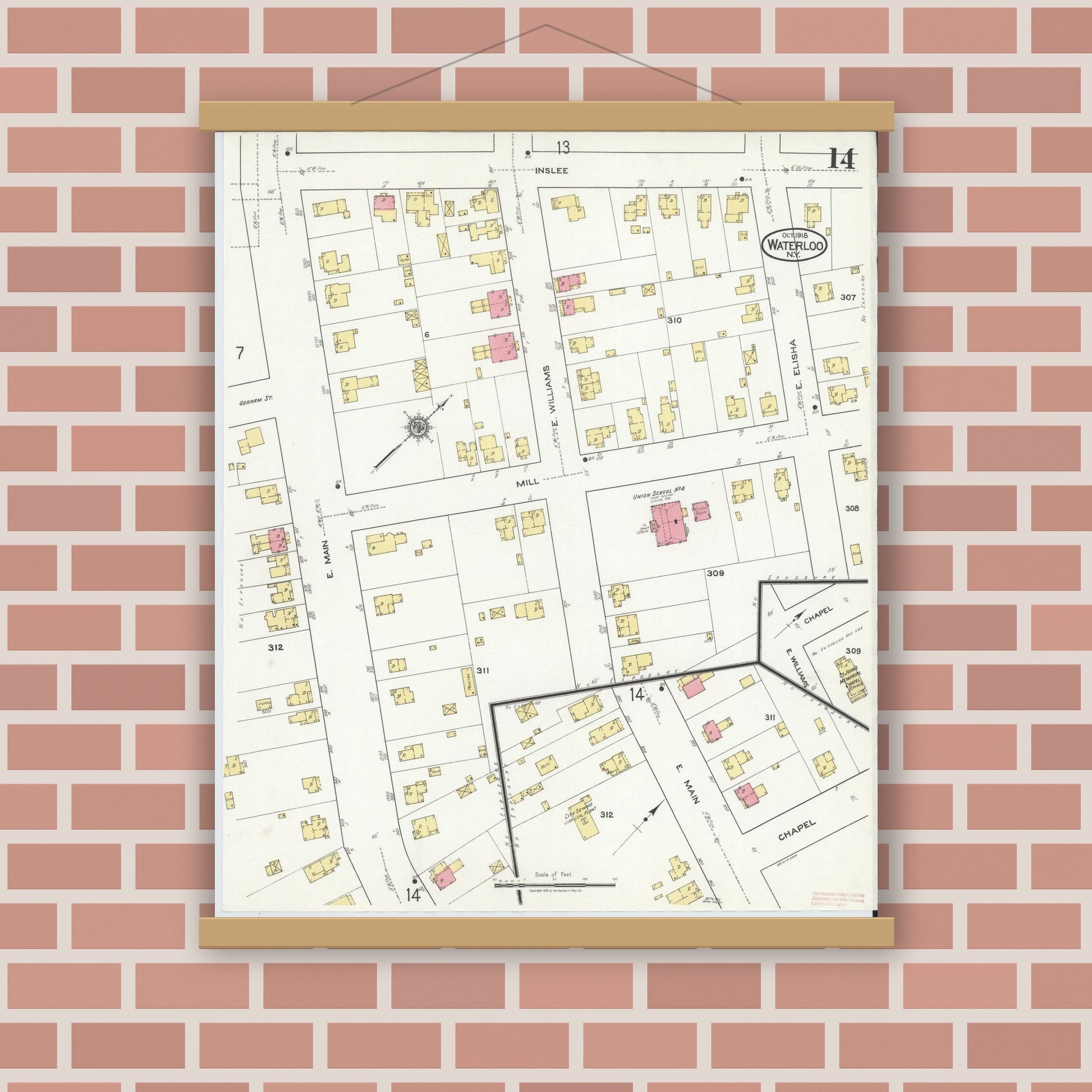 Old map wall art mockup — magnetic wood frame on brick wall — Sanborn Fire Insurance Map from Waterloo, Seneca County, New York (1918), Sheet #0014