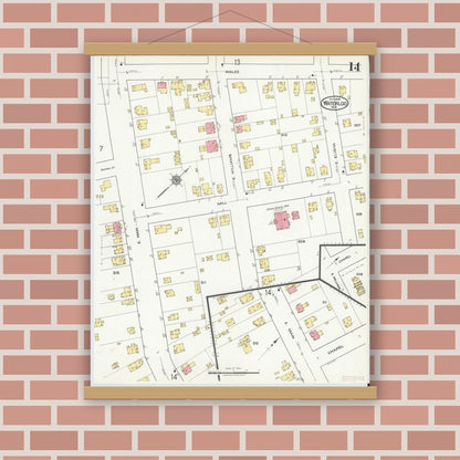Old map wall art mockup — magnetic wood frame on brick wall — Sanborn Fire Insurance Map from Waterloo, Seneca County, New York (1918), Sheet #0014