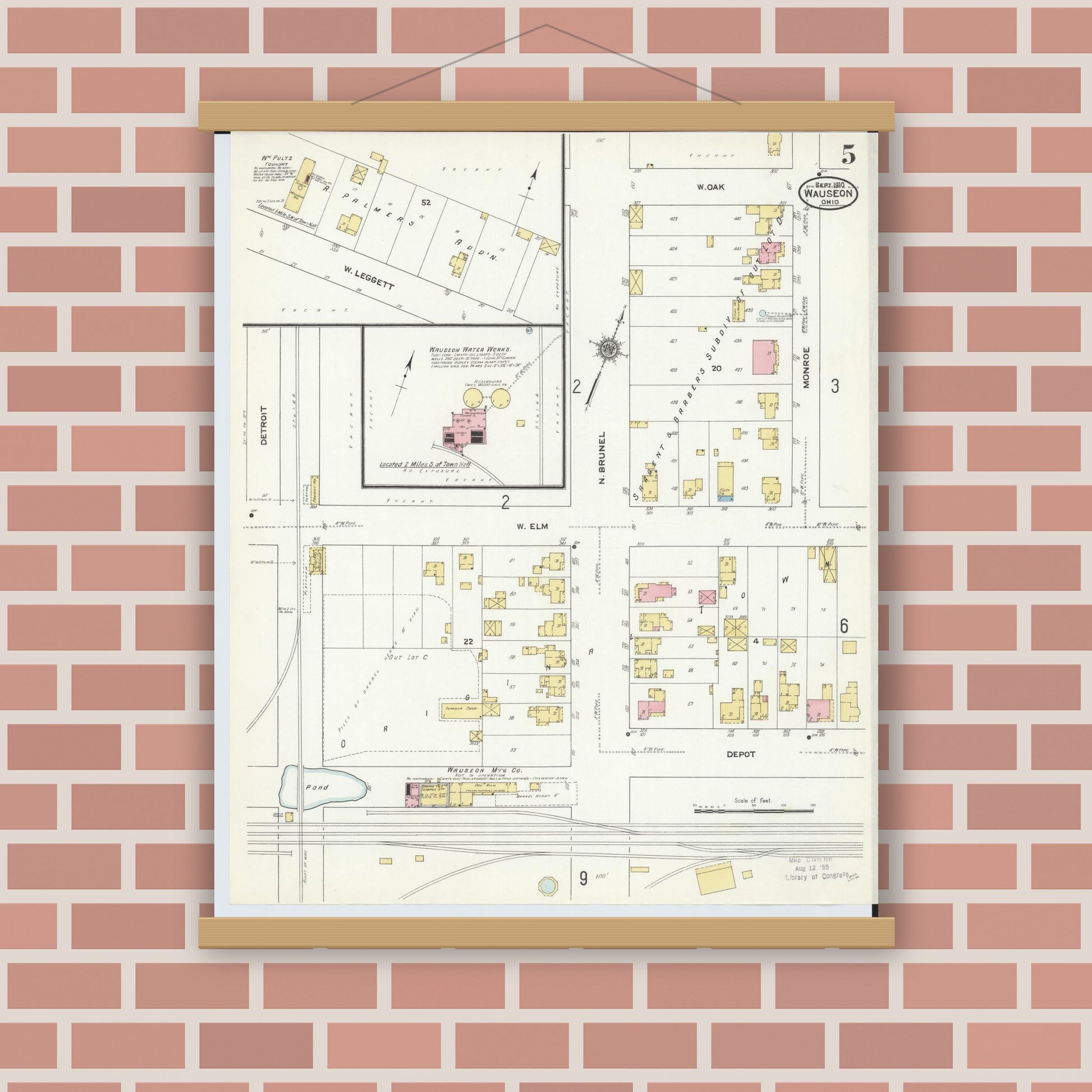 Old map wall art mockup — magnetic wood frame on brick wall — Sanborn Fire Insurance Map from Wauseon, Fulton County, Ohio (1910), Sheet #0005