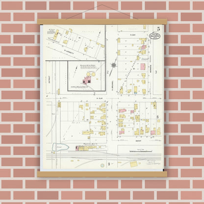 Old map wall art mockup — magnetic wood frame on brick wall — Sanborn Fire Insurance Map from Wauseon, Fulton County, Ohio (1910), Sheet #0005