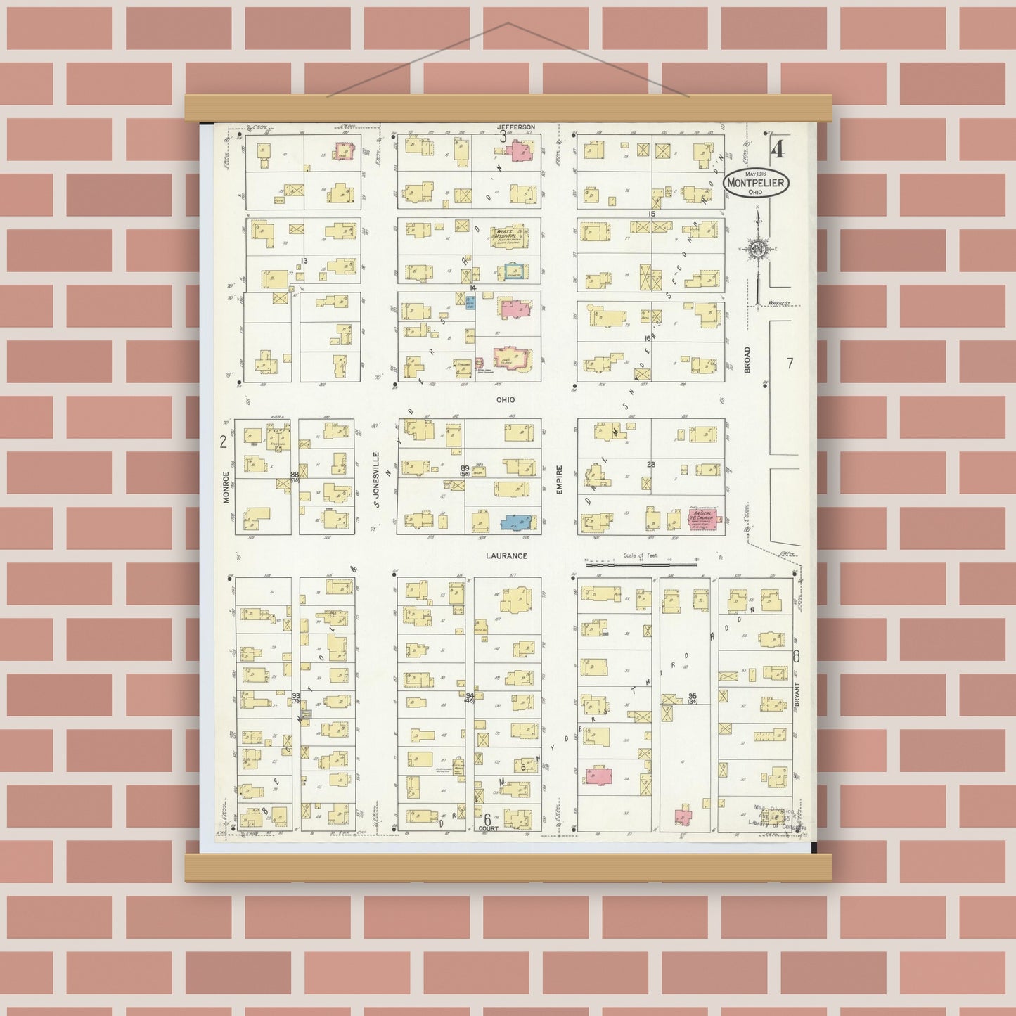 Old map wall art mockup — magnetic wood frame on brick wall — Sanborn Fire Insurance Map from Montpelier, Williams County, Ohio (1916), Sheet #0004