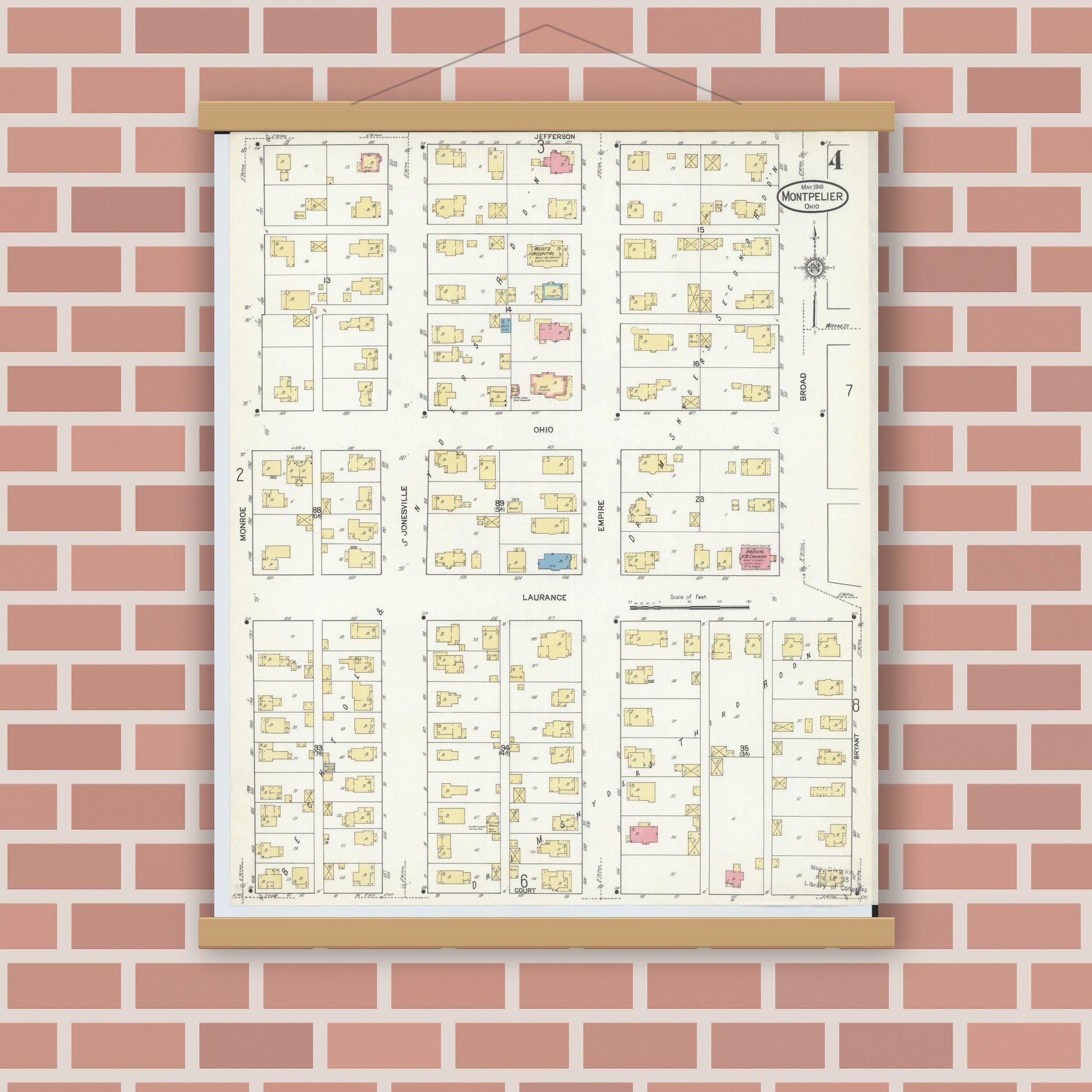 Old map wall art mockup — magnetic wood frame on brick wall — Sanborn Fire Insurance Map from Montpelier, Williams County, Ohio (1916), Sheet #0004