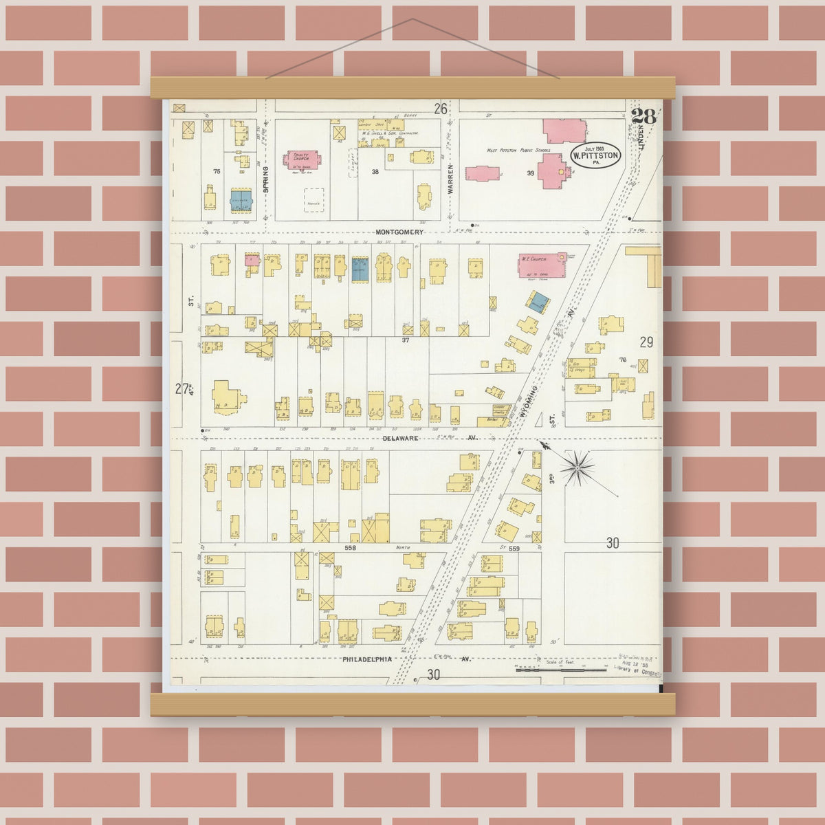 Old map wall art mockup — magnetic wood frame on brick wall — Sanborn Fire Insurance Map from Pittston, Luzerne County, Pennsylvania (1903), Sheet #0028