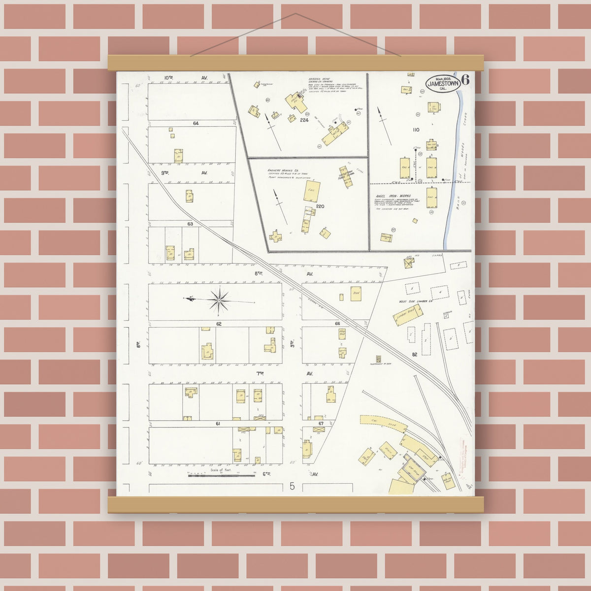Old map wall art mockup — magnetic wood frame on brick wall — Sanborn Fire Insurance Map from Jamestown, Tuolumne County, California (1908), Sheet #0006