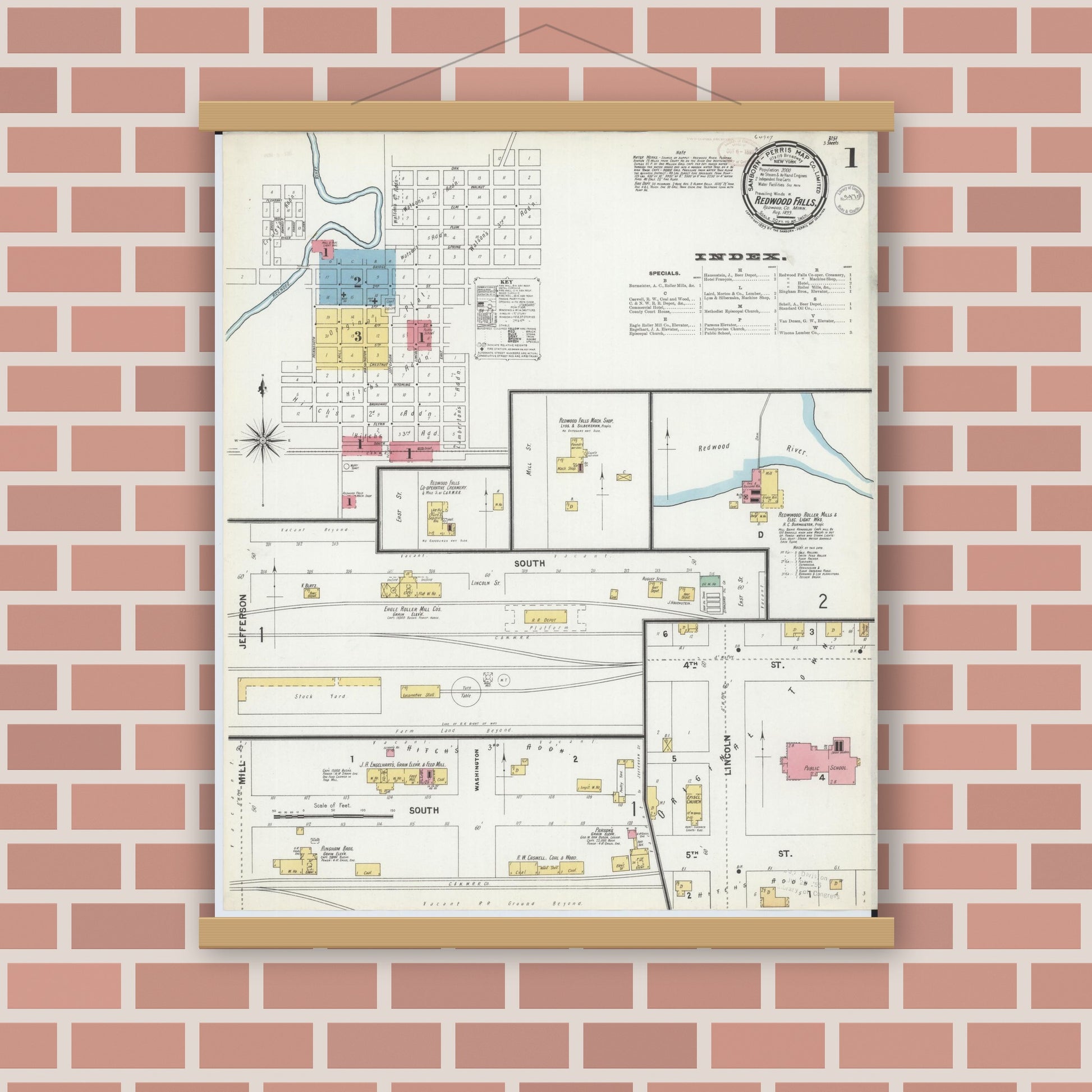 Old map wall art mockup — magnetic wood frame on brick wall — Sanborn Fire Insurance Map from Redwood Falls, Redwood County, Minnesota (1899) - Complete Map Set