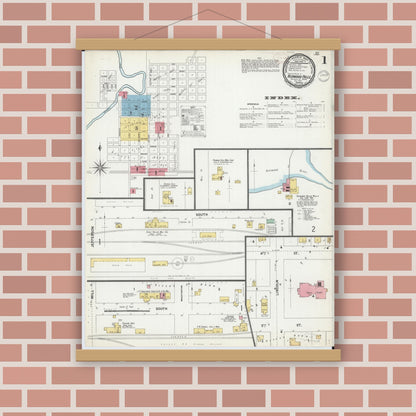 Old map wall art mockup — magnetic wood frame on brick wall — Sanborn Fire Insurance Map from Redwood Falls, Redwood County, Minnesota (1899) - Complete Map Set