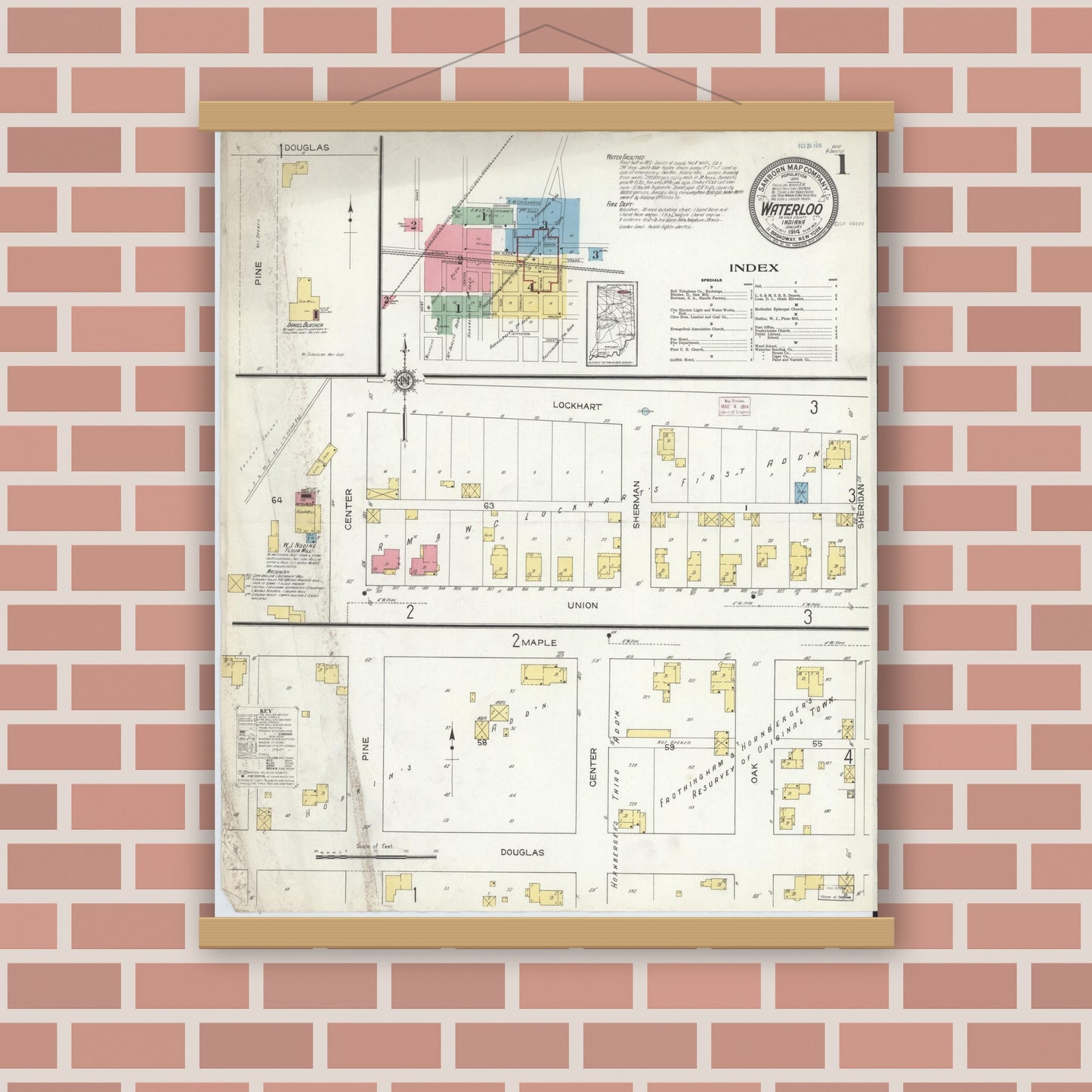 Old map wall art mockup — magnetic wood frame on brick wall — Sanborn Fire Insurance Map from Waterloo, De Kalb County, Indiana (1914), Sheet #0001