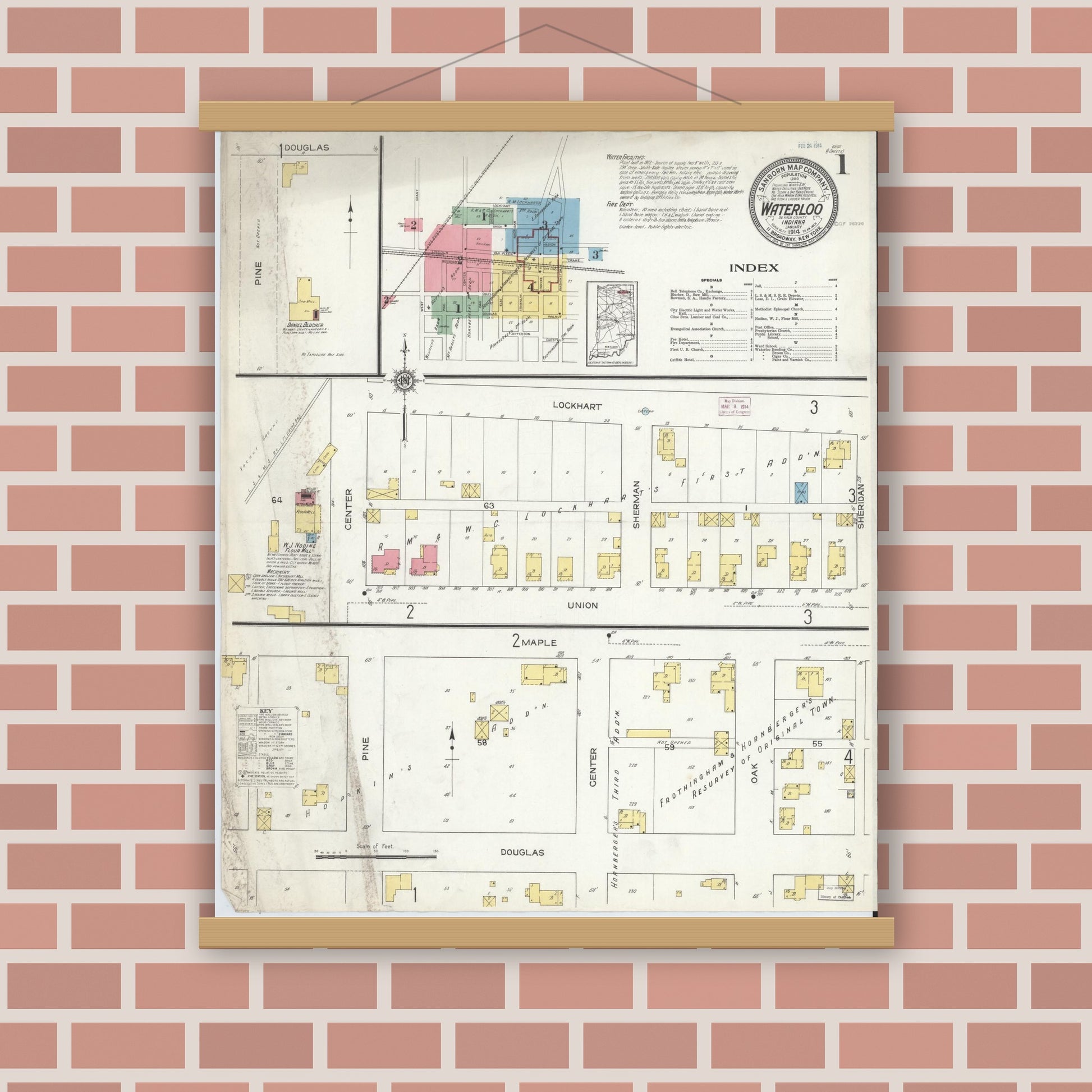 Old map wall art mockup — magnetic wood frame on brick wall — Sanborn Fire Insurance Map from Waterloo, De Kalb County, Indiana (1914), Sheet #0001