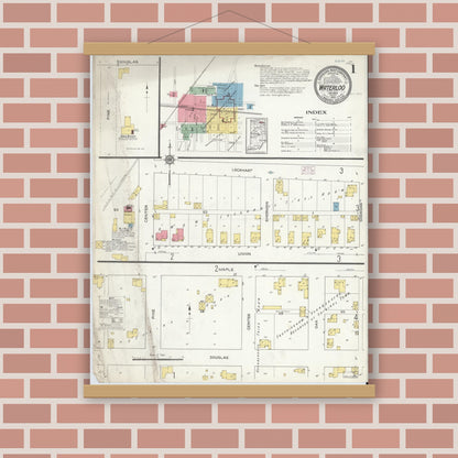 Old map wall art mockup — magnetic wood frame on brick wall — Sanborn Fire Insurance Map from Waterloo, De Kalb County, Indiana (1914), Sheet #0001