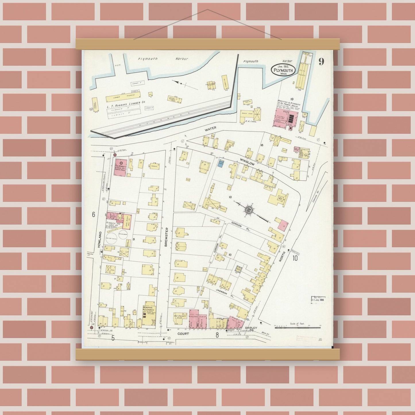 Old map wall art mockup — magnetic wood frame on brick wall — Sanborn Fire Insurance Map from Plymouth, Plymouth County, Massachusetts (1912), Sheet #0009
