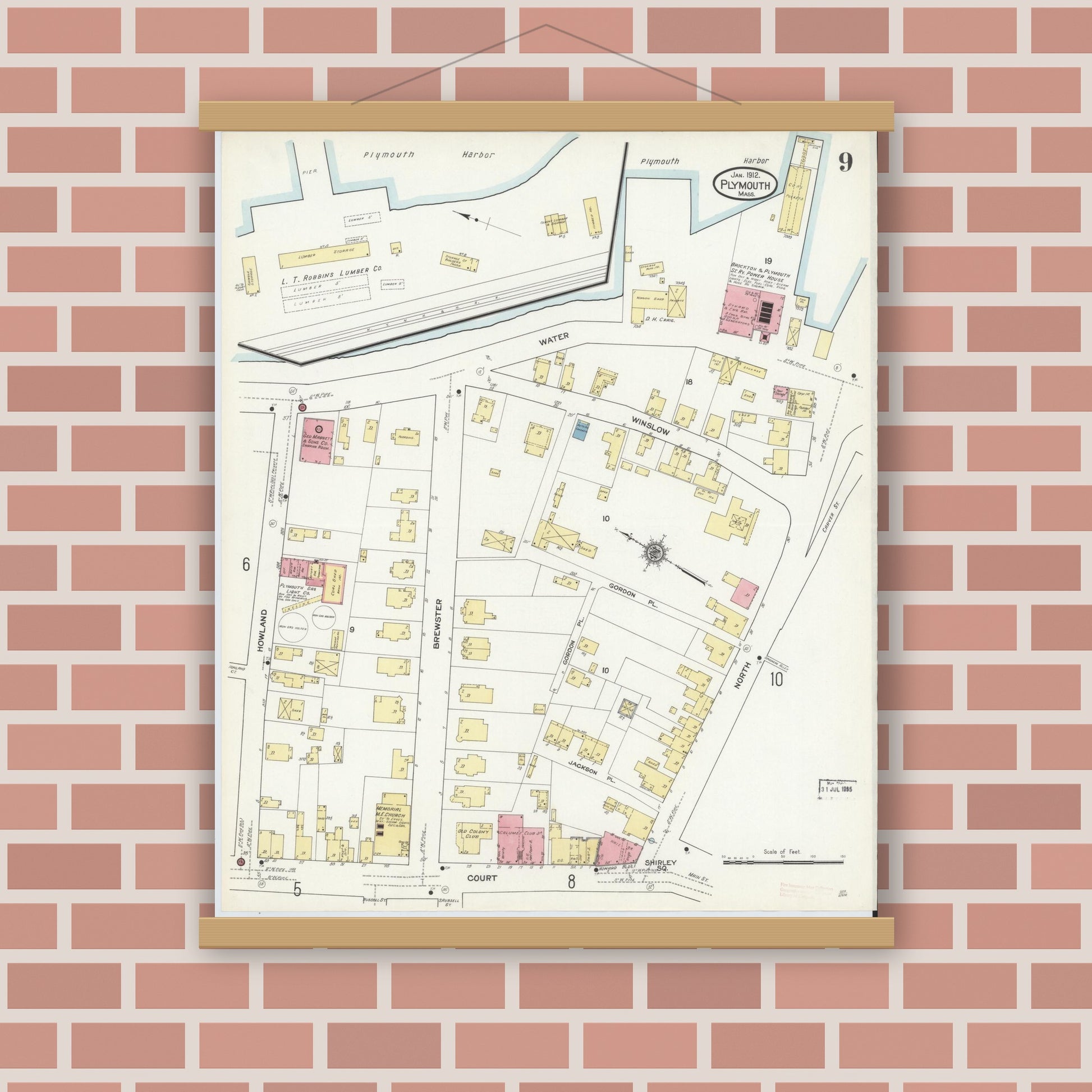 Old map wall art mockup — magnetic wood frame on brick wall — Sanborn Fire Insurance Map from Plymouth, Plymouth County, Massachusetts (1912), Sheet #0009