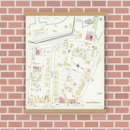 Old map wall art mockup — magnetic wood frame on brick wall — Sanborn Fire Insurance Map from Plymouth, Plymouth County, Massachusetts (1912), Sheet #0009