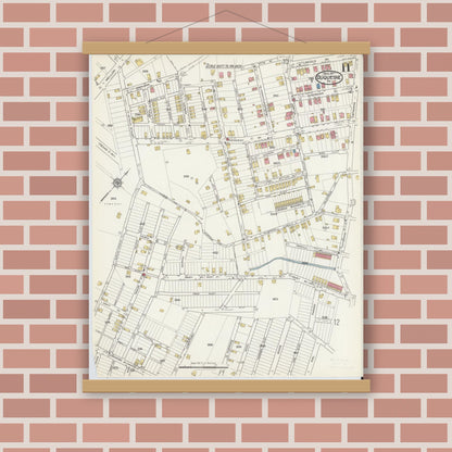 Old map wall art mockup — magnetic wood frame on brick wall — Sanborn Fire Insurance Map from Duquesne, Allegheny County, Pennsylvania (1917), Sheet #0011