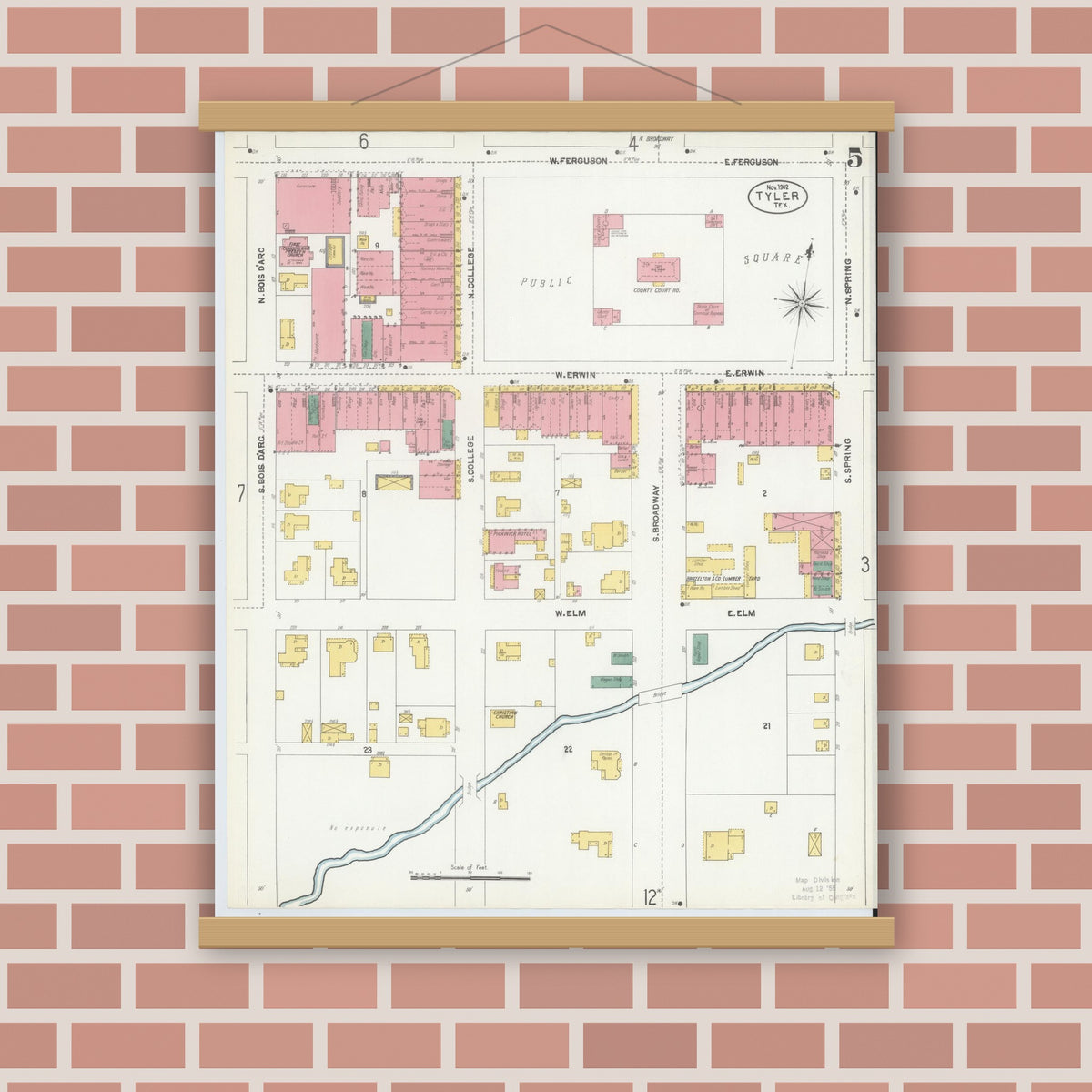 Old map wall art mockup — magnetic wood frame on brick wall — Sanborn Fire Insurance Map from Tyler, Smith County, Texas (1902), Sheet #0005