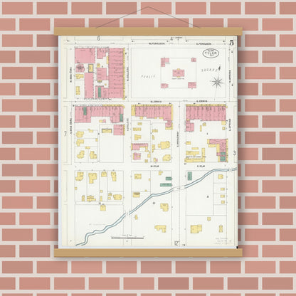 Old map wall art mockup — magnetic wood frame on brick wall — Sanborn Fire Insurance Map from Tyler, Smith County, Texas (1902), Sheet #0005