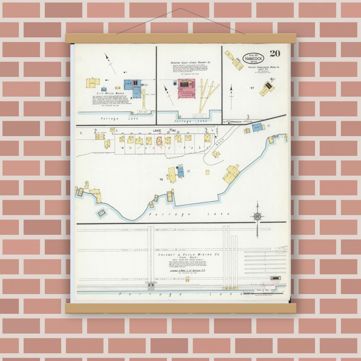 Old map wall art mockup — magnetic wood frame on brick wall — Sanborn Fire Insurance Map from Hancock, Houghton County, Michigan (1917), Sheet #0020