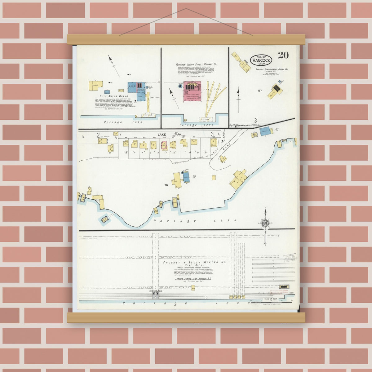 Old map wall art mockup — magnetic wood frame on brick wall — Sanborn Fire Insurance Map from Hancock, Houghton County, Michigan (1917), Sheet #0020