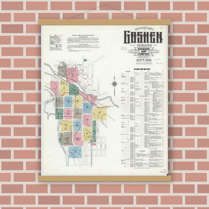 Old map wall art mockup — magnetic wood frame on brick wall — Sanborn Fire Insurance Map from Goshen, Elkhart County, Indiana (1910) - Complete Map Set