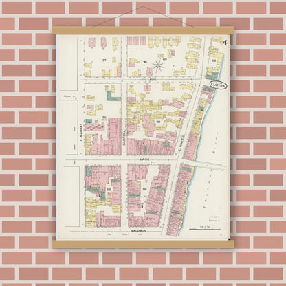 Old map wall art mockup — magnetic wood frame on brick wall — Sanborn Fire Insurance Map from Elmira, Chemung County, New York (1887), Sheet #0004