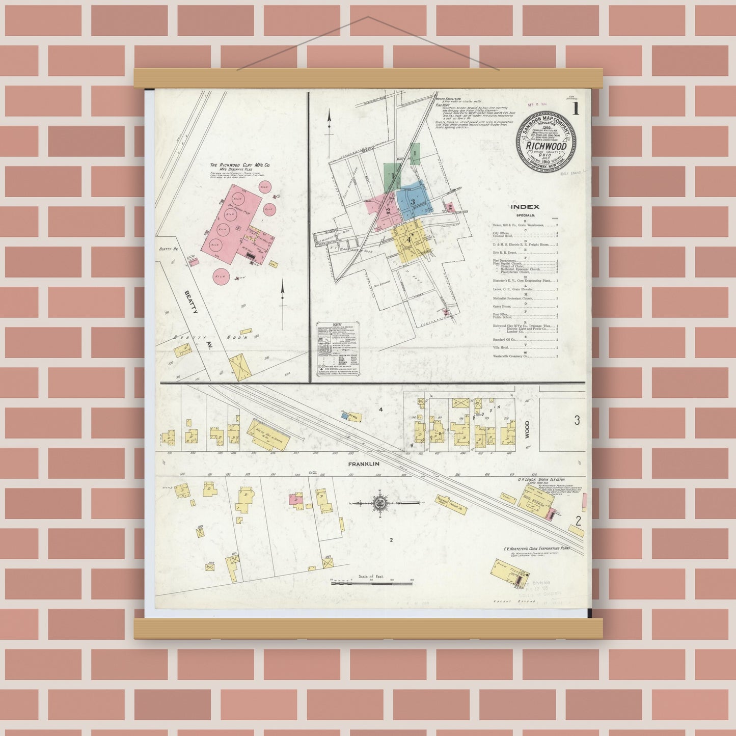 Old map wall art mockup — magnetic wood frame on brick wall — Sanborn Fire Insurance Map from Richwood, Union County, Ohio (1910) - Complete Map Set