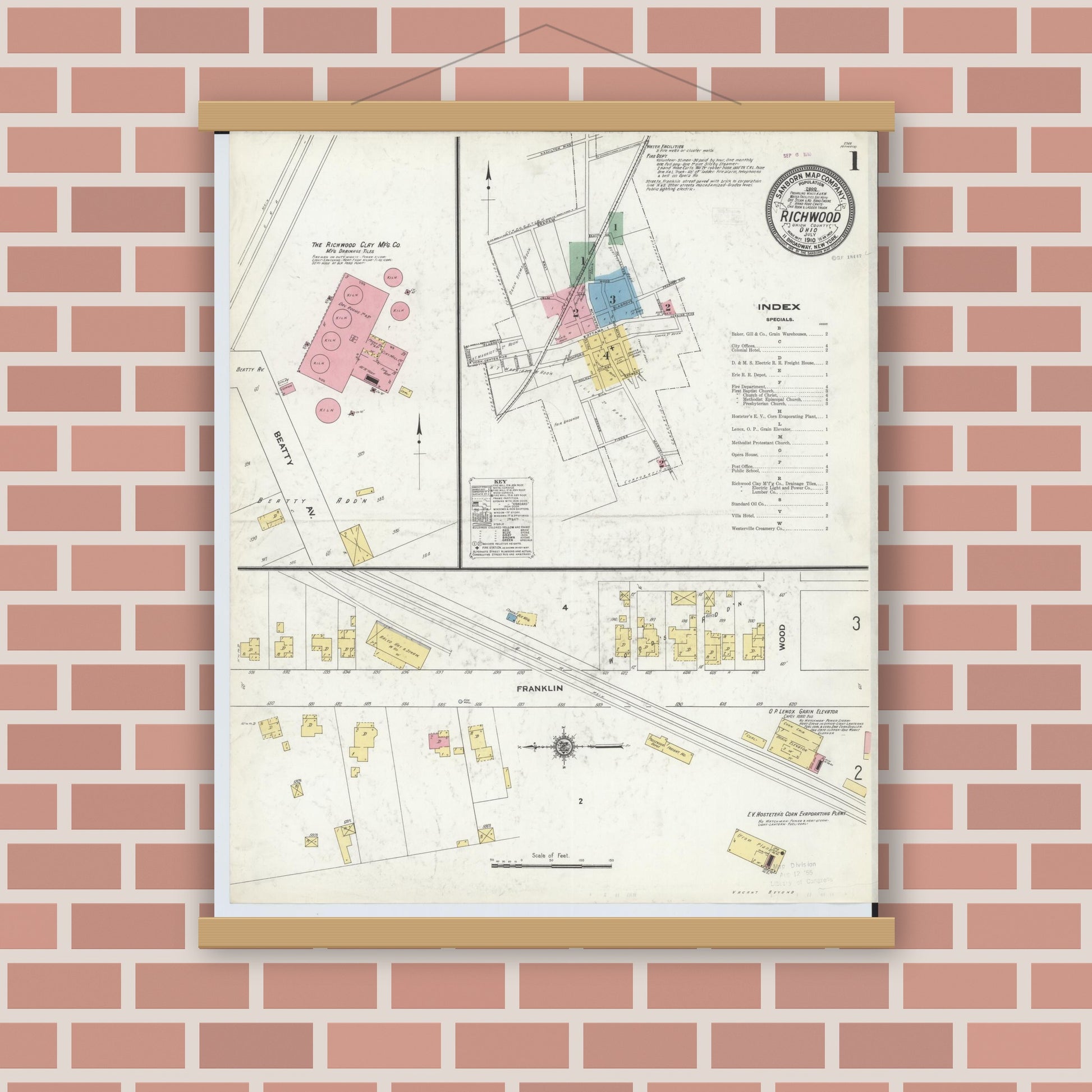 Old map wall art mockup — magnetic wood frame on brick wall — Sanborn Fire Insurance Map from Richwood, Union County, Ohio (1910) - Complete Map Set