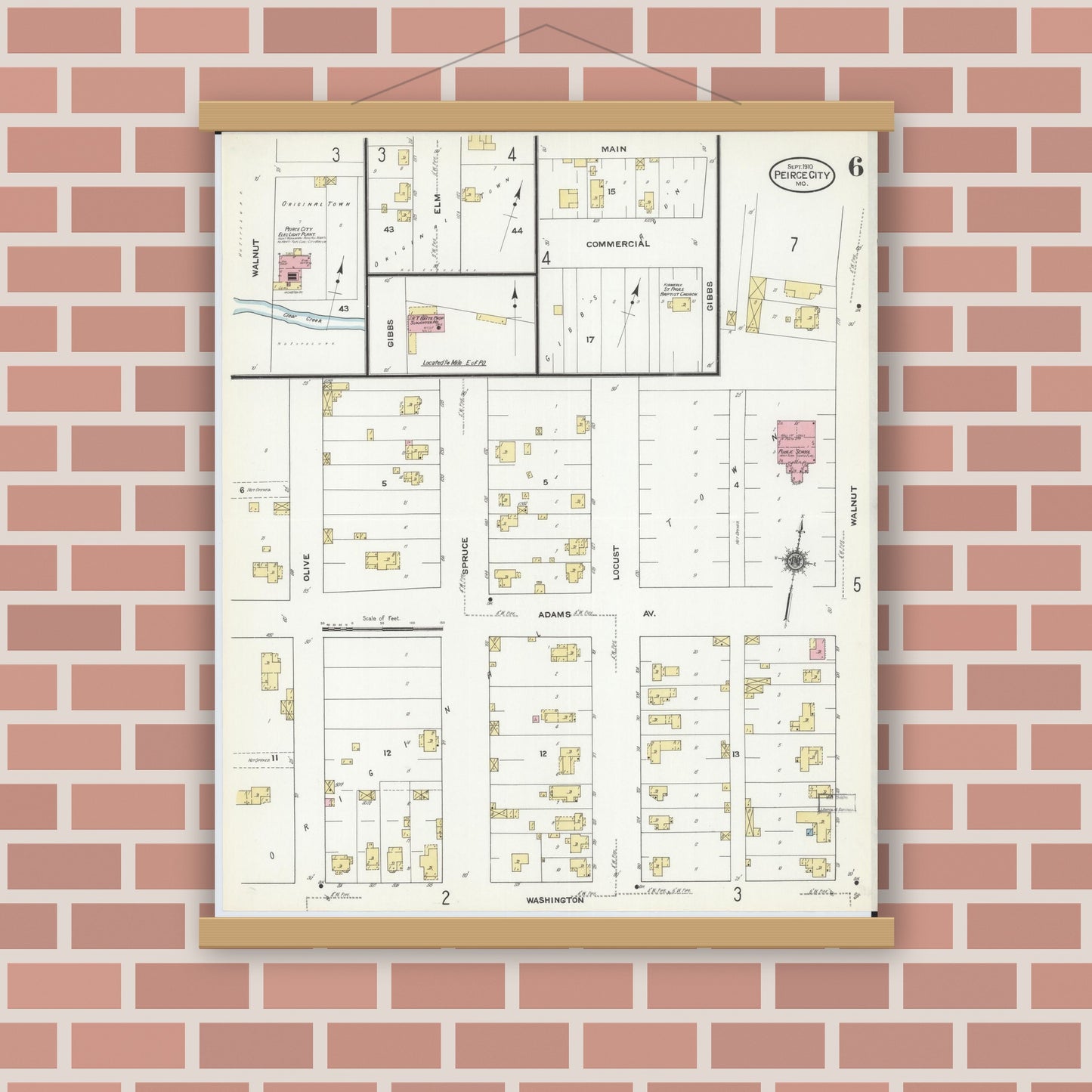 Old map wall art mockup — magnetic wood frame on brick wall — Sanborn Fire Insurance Map from Pierce City, Lawrence County, Missouri (1910), Sheet #0006