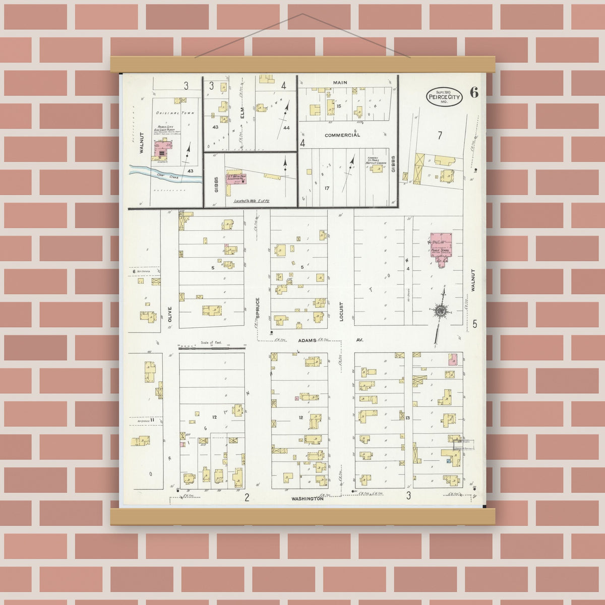 Old map wall art mockup — magnetic wood frame on brick wall — Sanborn Fire Insurance Map from Pierce City, Lawrence County, Missouri (1910), Sheet #0006