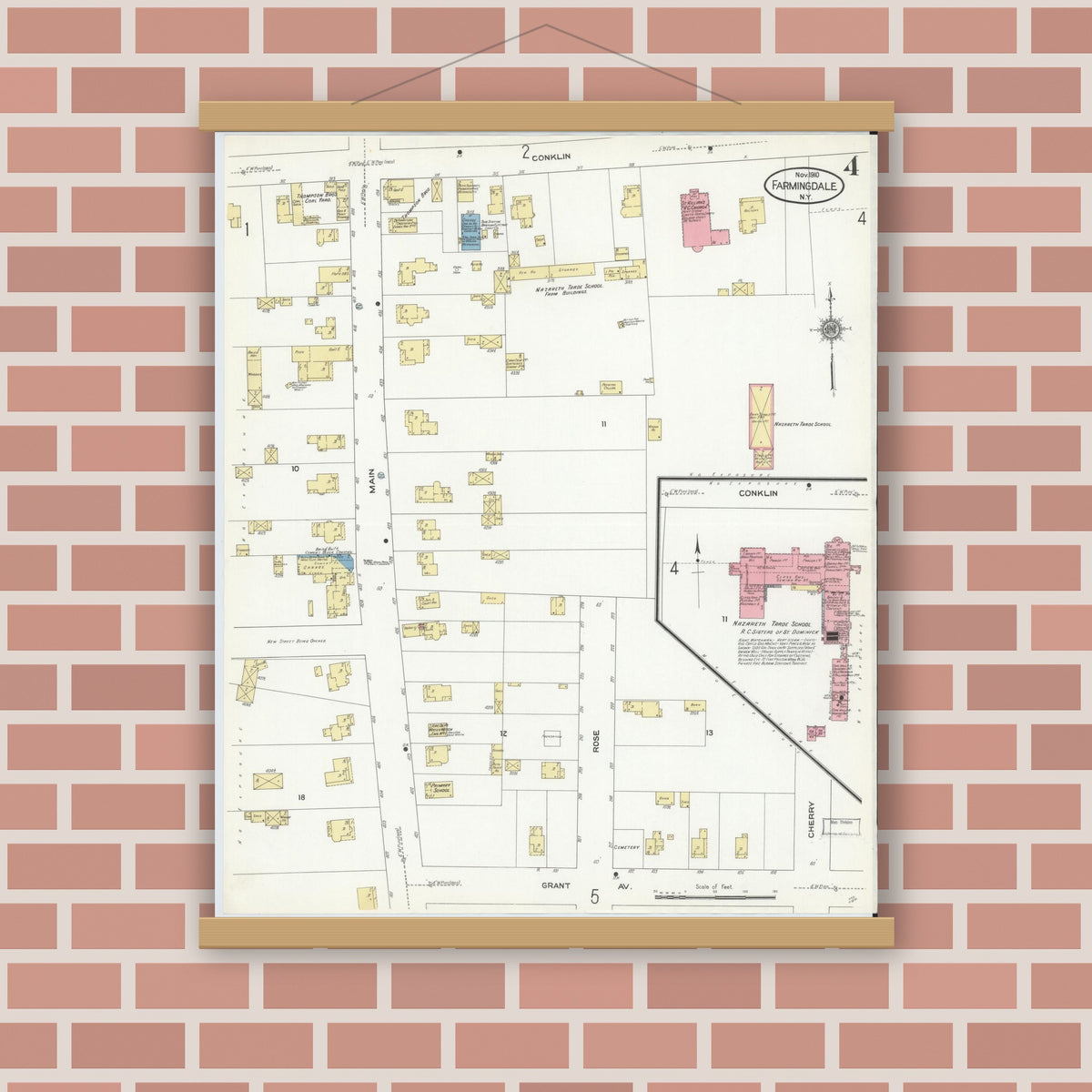 Old map wall art mockup — magnetic wood frame on brick wall — Sanborn Fire Insurance Map from Farmingdale, Nassau County, New York (1910), Sheet #0004