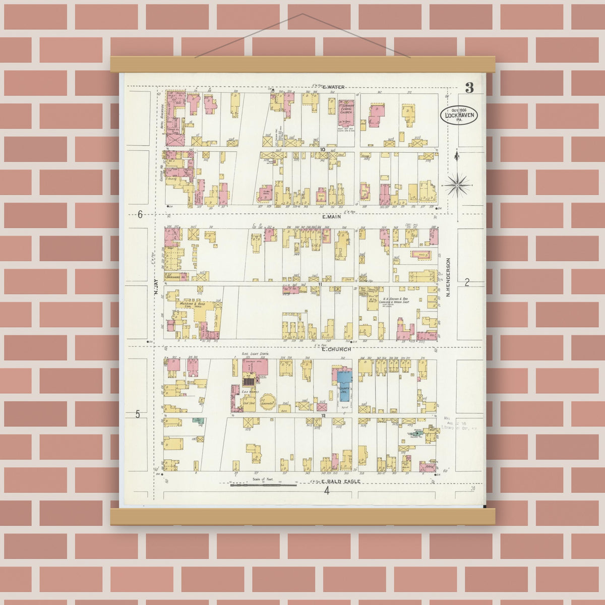 Old map wall art mockup — magnetic wood frame on brick wall — Sanborn Fire Insurance Map from Lock Haven, Clinton County, Pennsylvania (1906), Sheet #0003