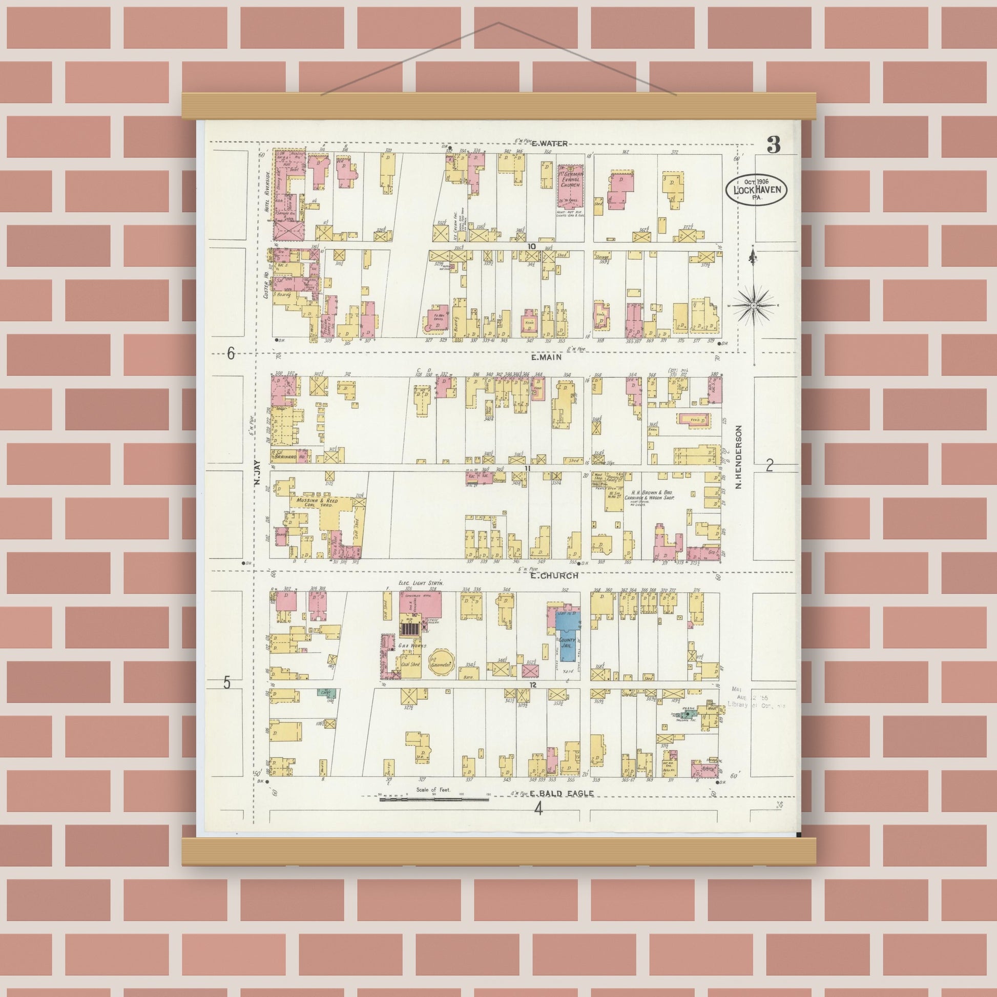 Old map wall art mockup — magnetic wood frame on brick wall — Sanborn Fire Insurance Map from Lock Haven, Clinton County, Pennsylvania (1906), Sheet #0003
