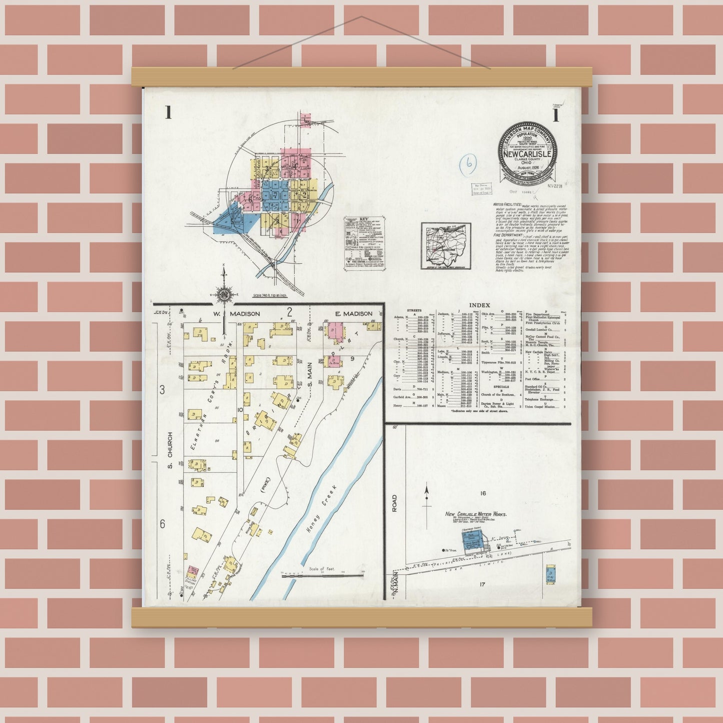 Old map wall art mockup — magnetic wood frame on brick wall — Sanborn Fire Insurance Map from New Carlisle, Clarke County, Ohio (1926), Sheet #0001