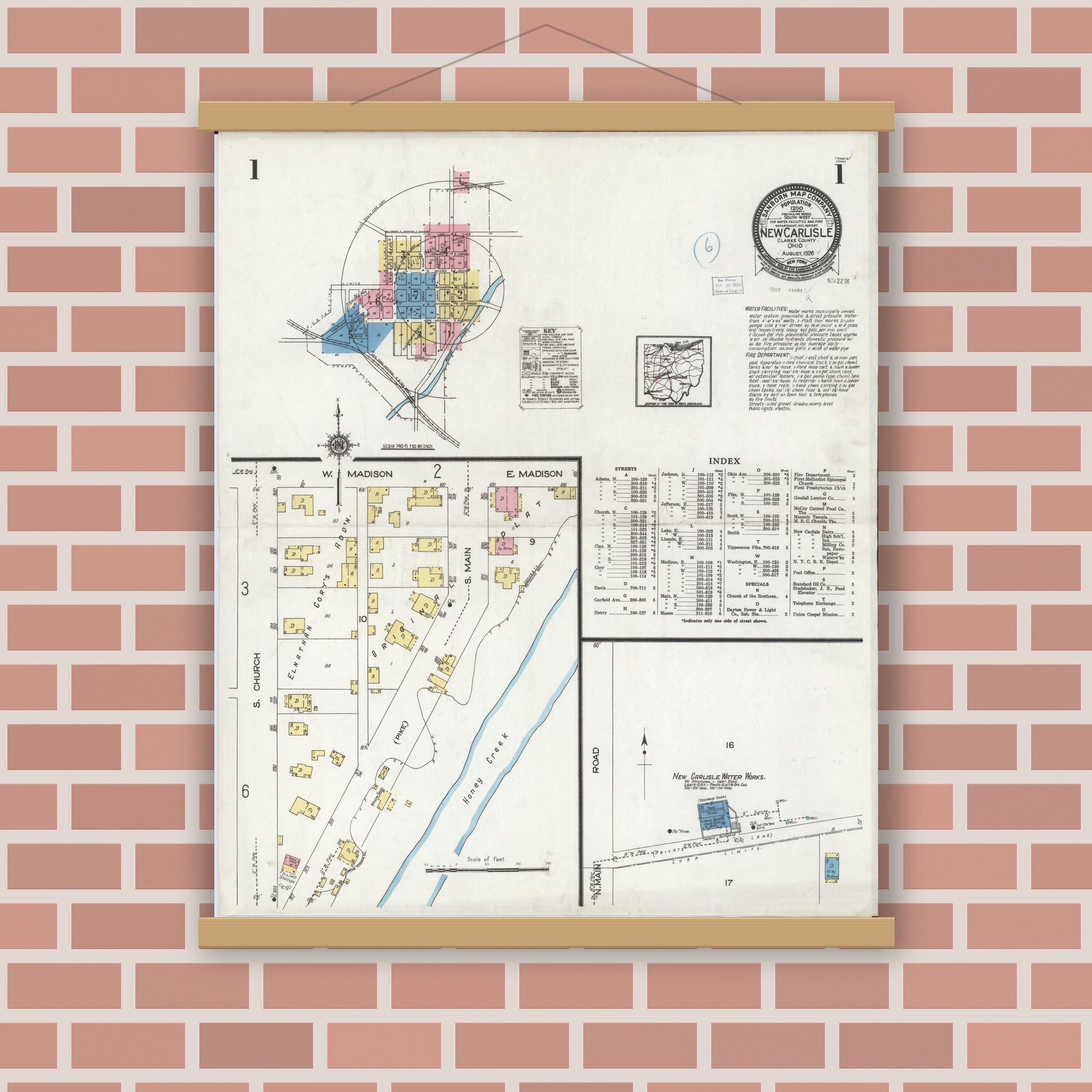 Old map wall art mockup — magnetic wood frame on brick wall — Sanborn Fire Insurance Map from New Carlisle, Clarke County, Ohio (1926), Sheet #0001