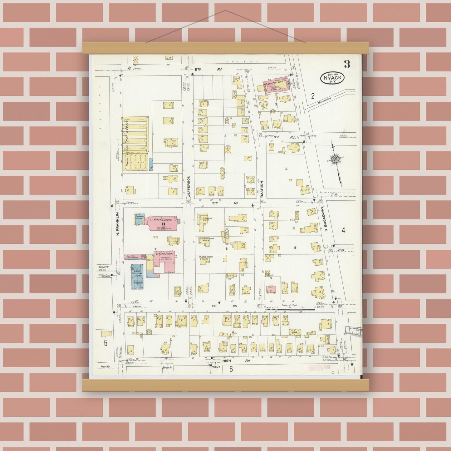 Old map wall art mockup — magnetic wood frame on brick wall — Sanborn Fire Insurance Map from Nyack, Rockland County, New York. (1910), Sheet #0003