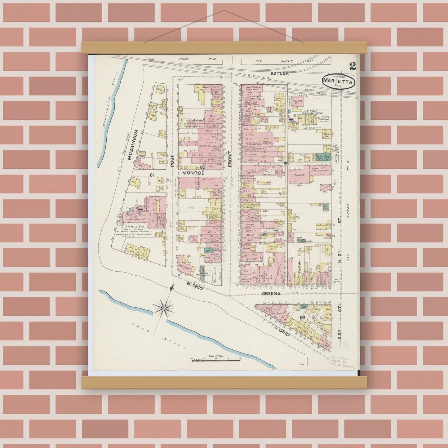 Old map wall art mockup — magnetic wood frame on brick wall — Sanborn Fire Insurance Map from Marietta, Washington County, Ohio (1890), Sheet #0002