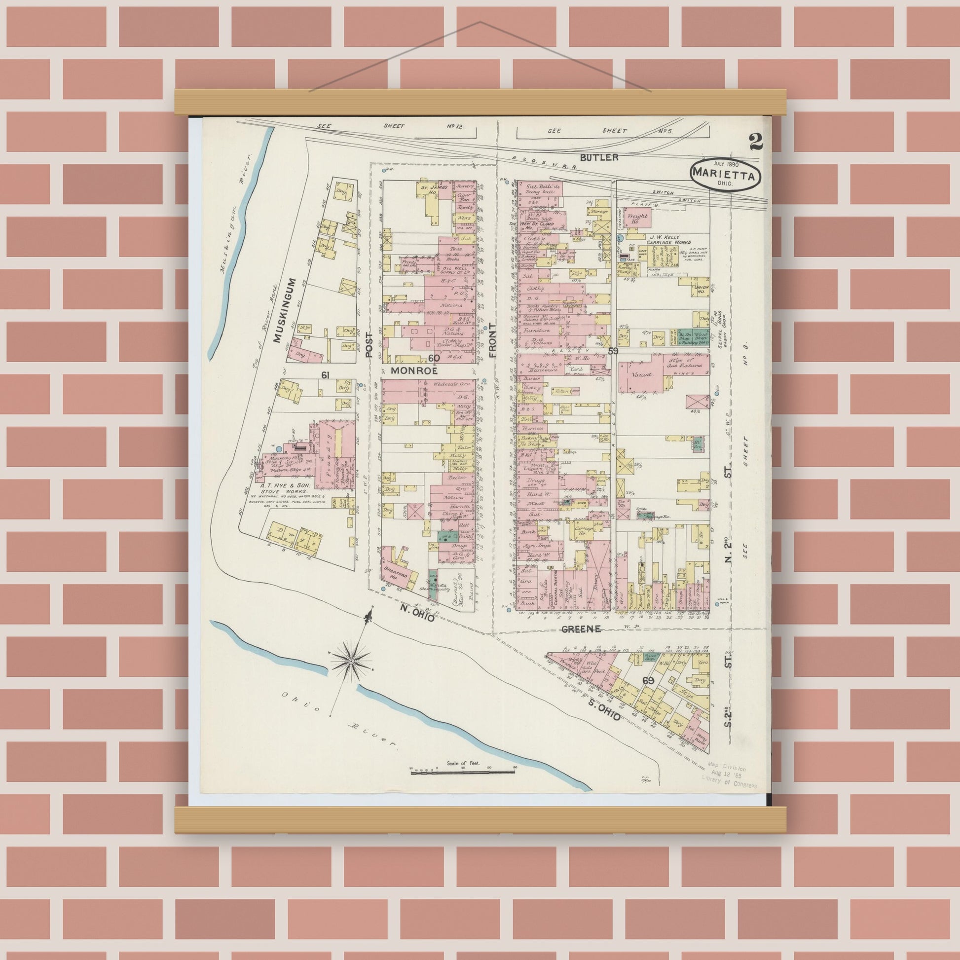 Old map wall art mockup — magnetic wood frame on brick wall — Sanborn Fire Insurance Map from Marietta, Washington County, Ohio (1890), Sheet #0002