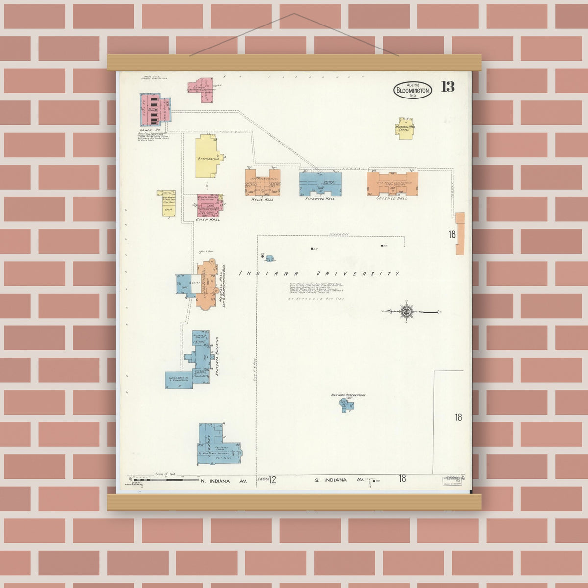 Old map wall art mockup — magnetic wood frame on brick wall — Sanborn Fire Insurance Map from Bloomington, Monroe County, Indiana (1913), Sheet #0013