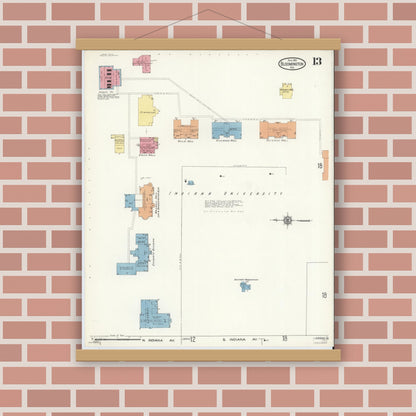 Old map wall art mockup — magnetic wood frame on brick wall — Sanborn Fire Insurance Map from Bloomington, Monroe County, Indiana (1913), Sheet #0013