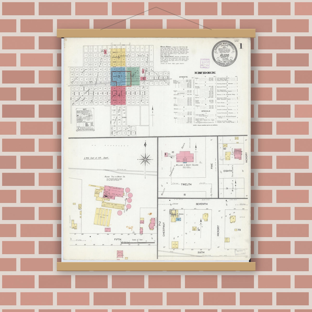 Old map wall art mockup — magnetic wood frame on brick wall — Sanborn Fire Insurance Map from Aledo, Mercer County, Illinois (1907) - Complete Map Set