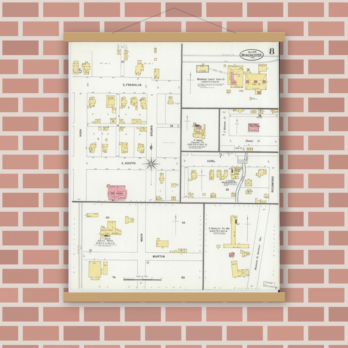 Old map wall art mockup — magnetic wood frame on brick wall — Sanborn Fire Insurance Map from Winchester, Randolph County, Indiana (1899), Sheet #0008