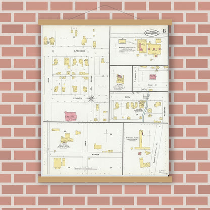 Old map wall art mockup — magnetic wood frame on brick wall — Sanborn Fire Insurance Map from Winchester, Randolph County, Indiana (1899), Sheet #0008