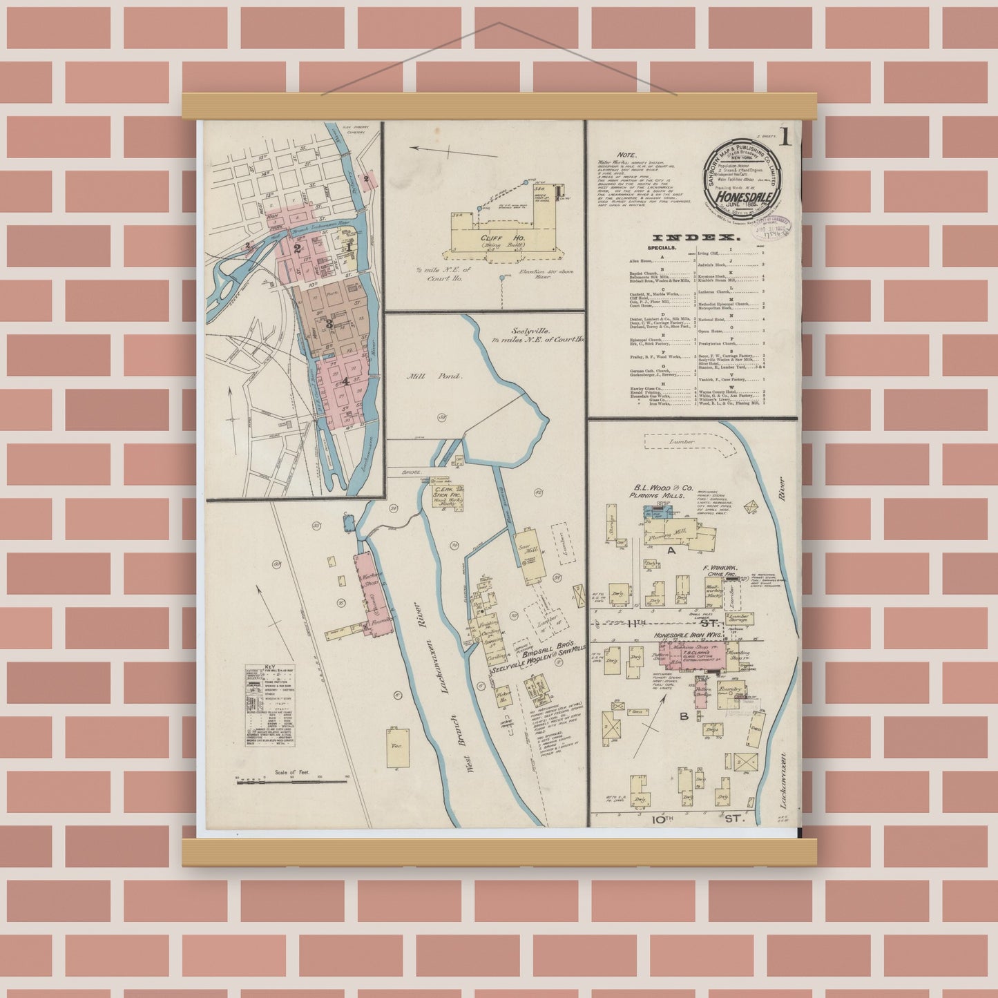 Old map wall art mockup — magnetic wood frame on brick wall — Sanborn Fire Insurance Map from Honesdale, Wayne County, Pennsylvania (1885) - Complete Map Set