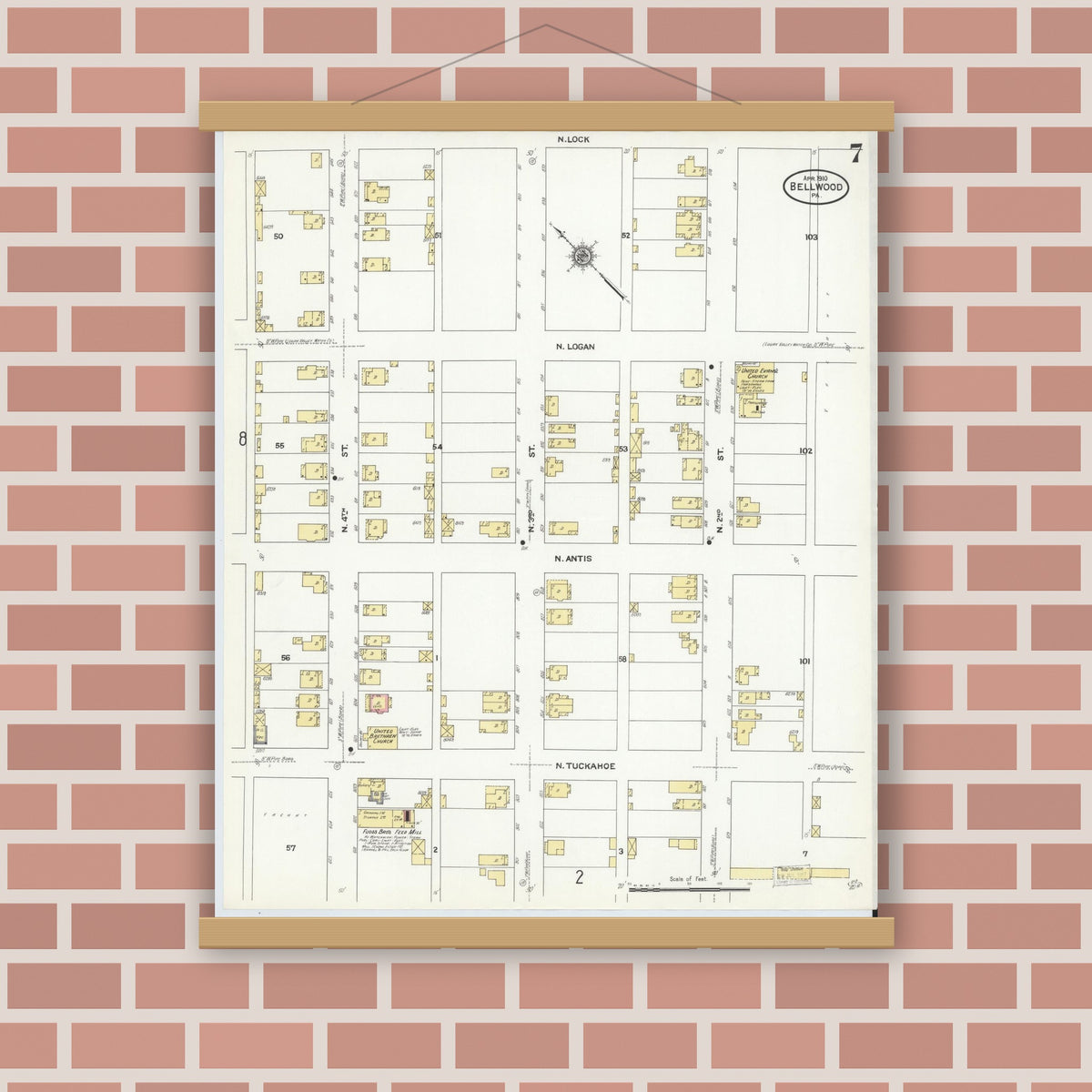 Old map wall art mockup — magnetic wood frame on brick wall — Sanborn Fire Insurance Map from Bellwood, Blair County, Pennsylvania (1910), Sheet #0007